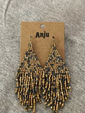 Anju Gold and Black Beaded Fringe Drop Earrings